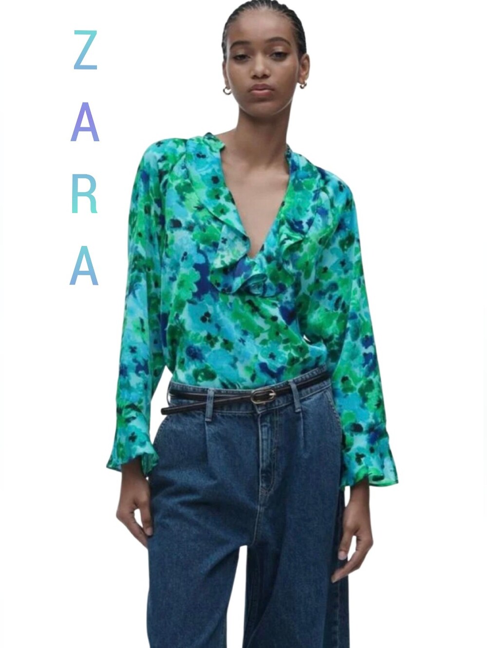 ZARA Green and Blue Floral Ruffle V‑Neck Blouse Size XL NWT